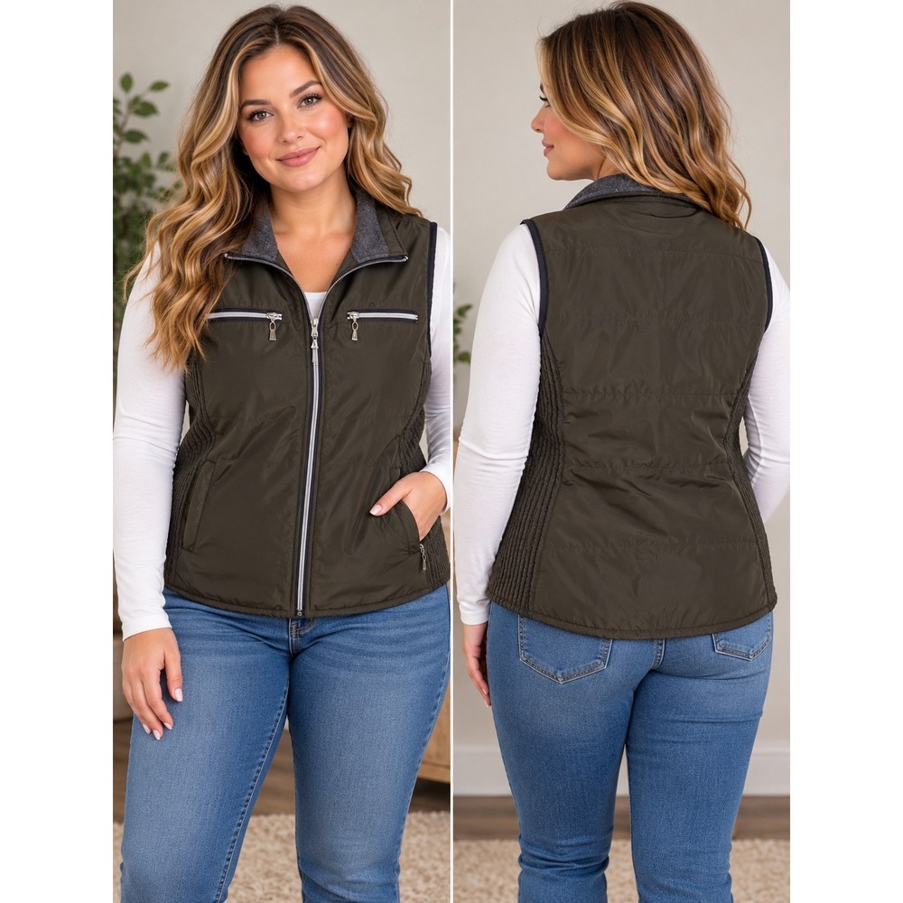 Activology Women's Large Olive Green Quilted Vest Fleece Collar Zip Pockets